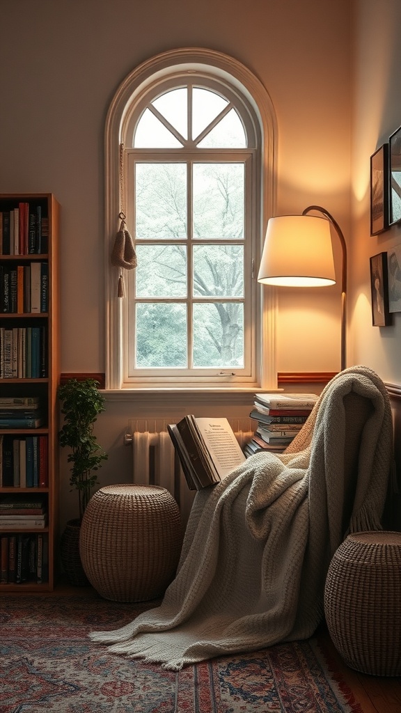 A cozy reading nook featuring a chair with a blanket, a lamp providing warm light, a window, and a bookshelf filled with books.