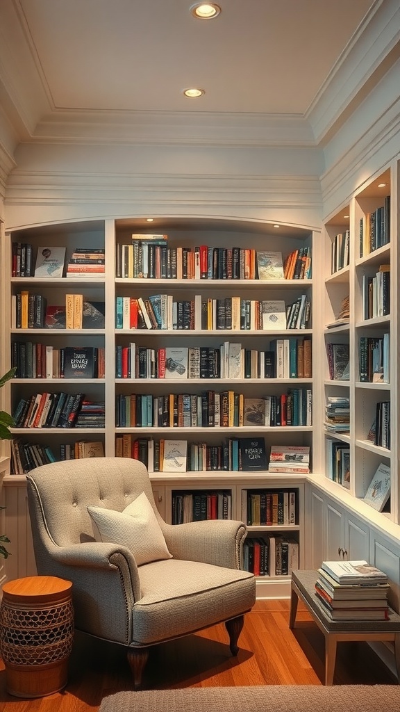 Cozy reading nook with built-in shelves and a comfortable armchair