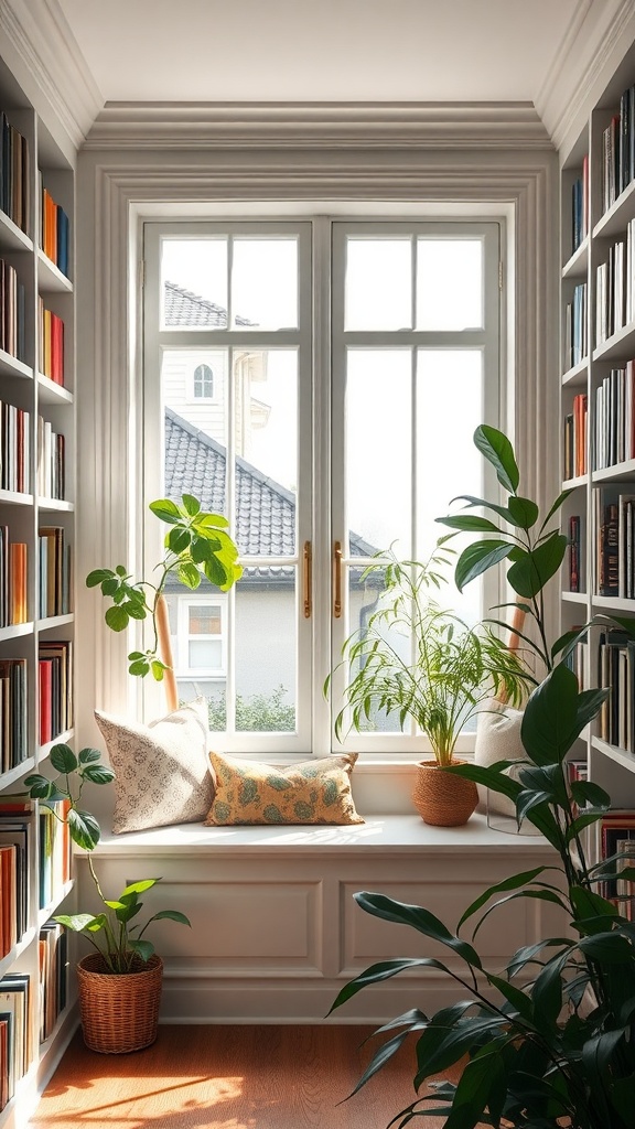 Cozy reading nook with window seat, bookshelves, and plants