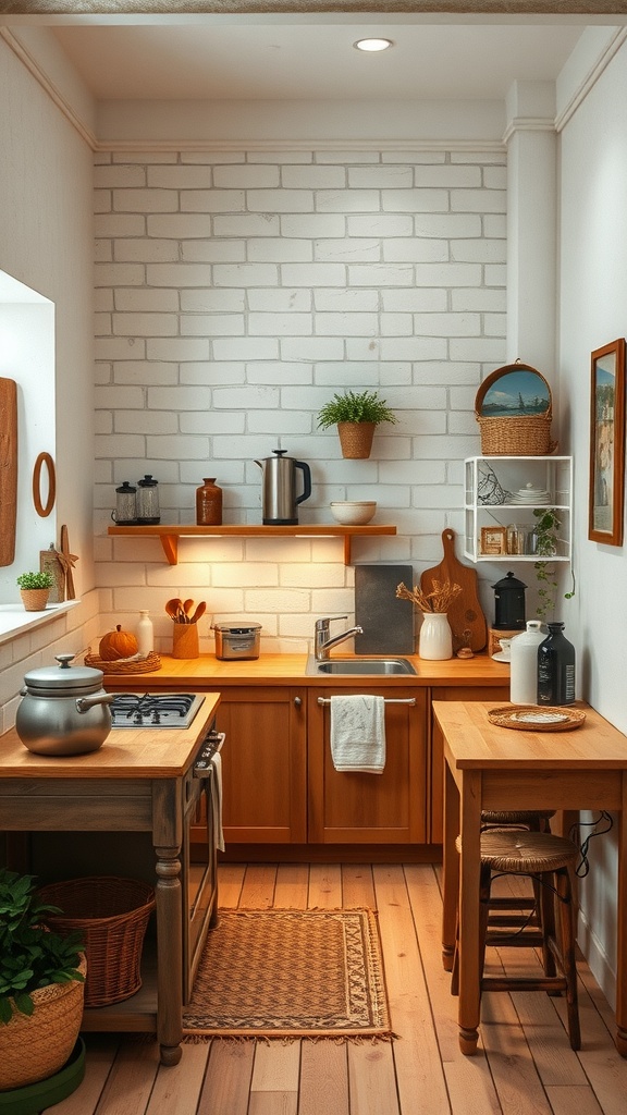 A cozy small kitchen with rustic wooden cabinets, a white brick wall, and modern appliances.