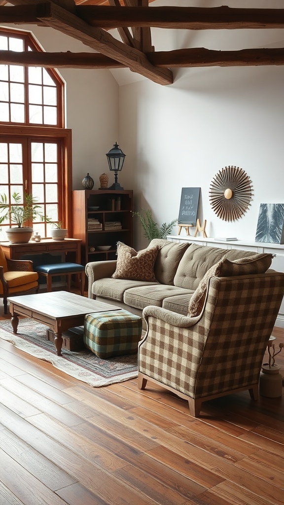 Cozy rustic living room with checkered sofa, wooden coffee table, and large windows.