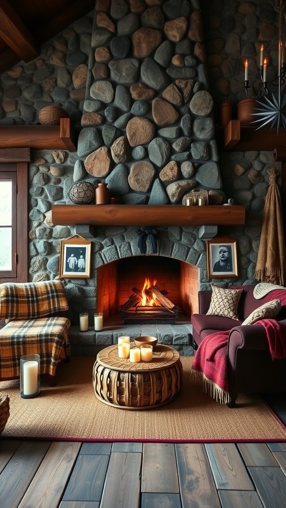 A cozy stone fireplace in a rustic farmhouse living room with comfortable seating, candles, and wooden accents.
