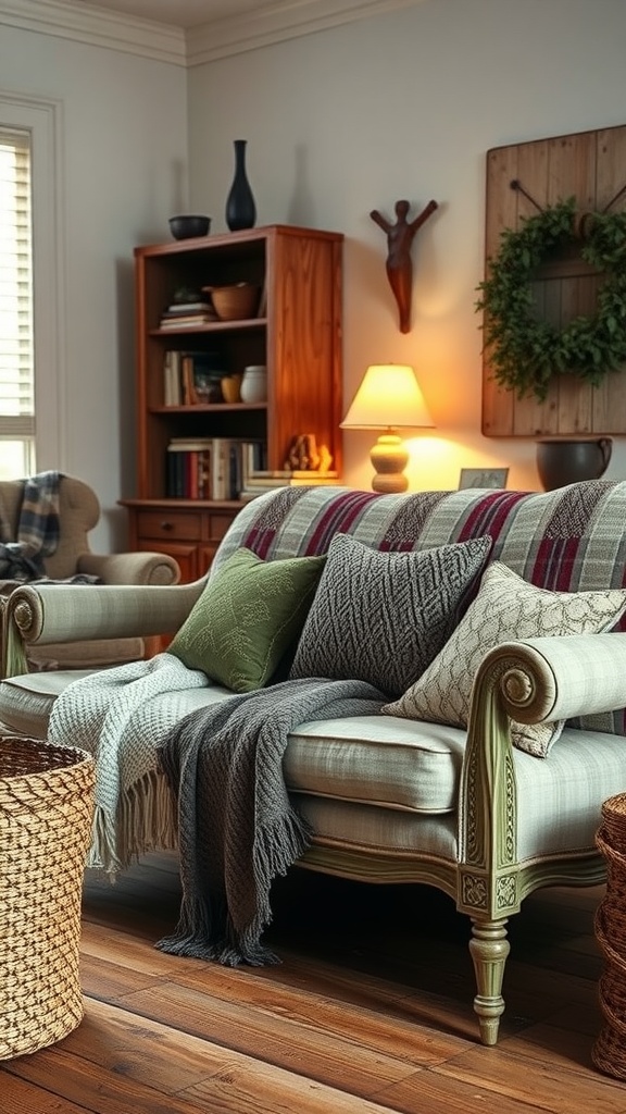 Cozy living room with textured throws on a sofa, showcasing warm colors and inviting decor.