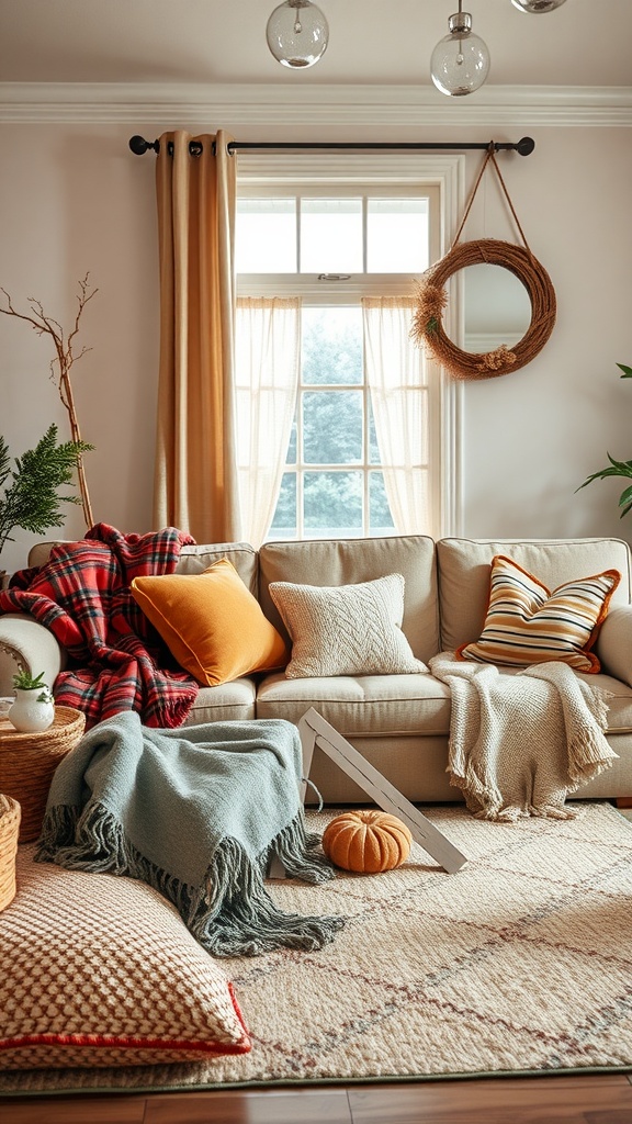 A cozy modern farmhouse living room featuring a beige sofa adorned with colorful pillows and warm throws, complemented by natural light and stylish decor.