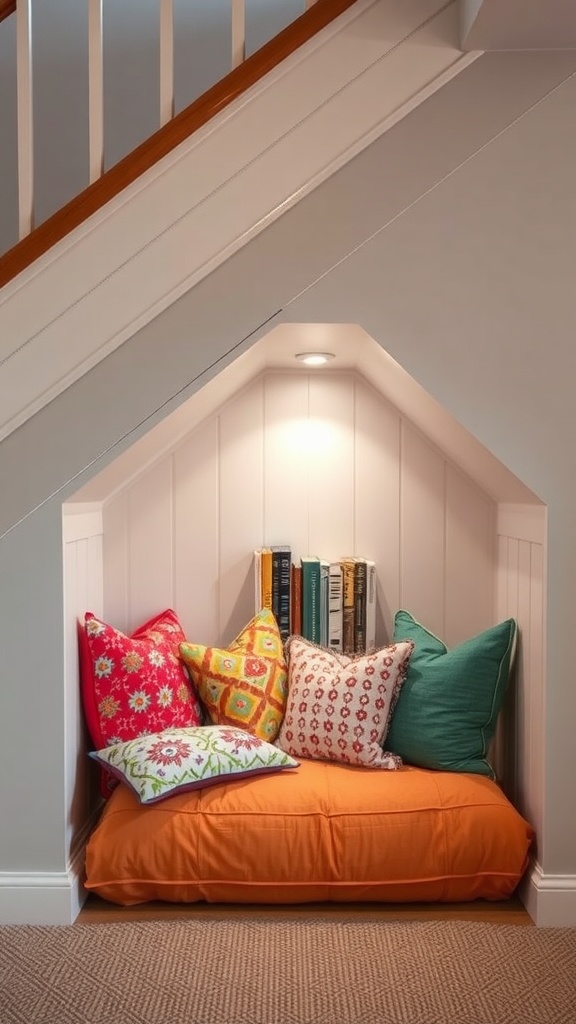 Cozy reading nook under the stairs with colorful pillows and books.