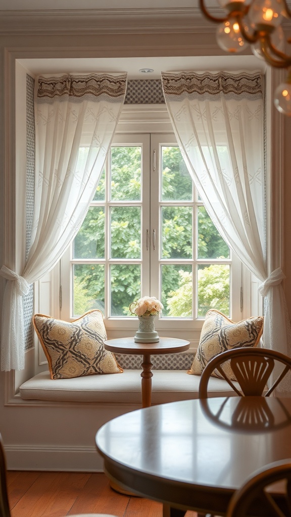 Cozy window nook with cushions and a small table, surrounded by soft curtains.