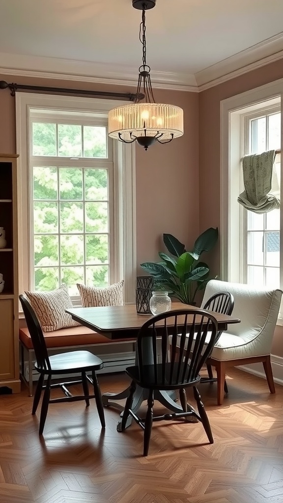 Cozy dining room with a window seat, table, and plants