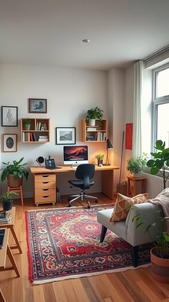 A cozy home office with a desk, computer, plants, and a comfortable seating area.