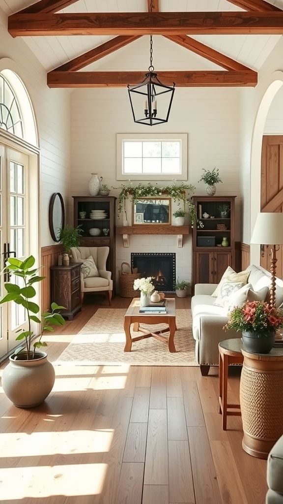 Cozy farmhouse living room with wooden beams, bright windows, and inviting decor