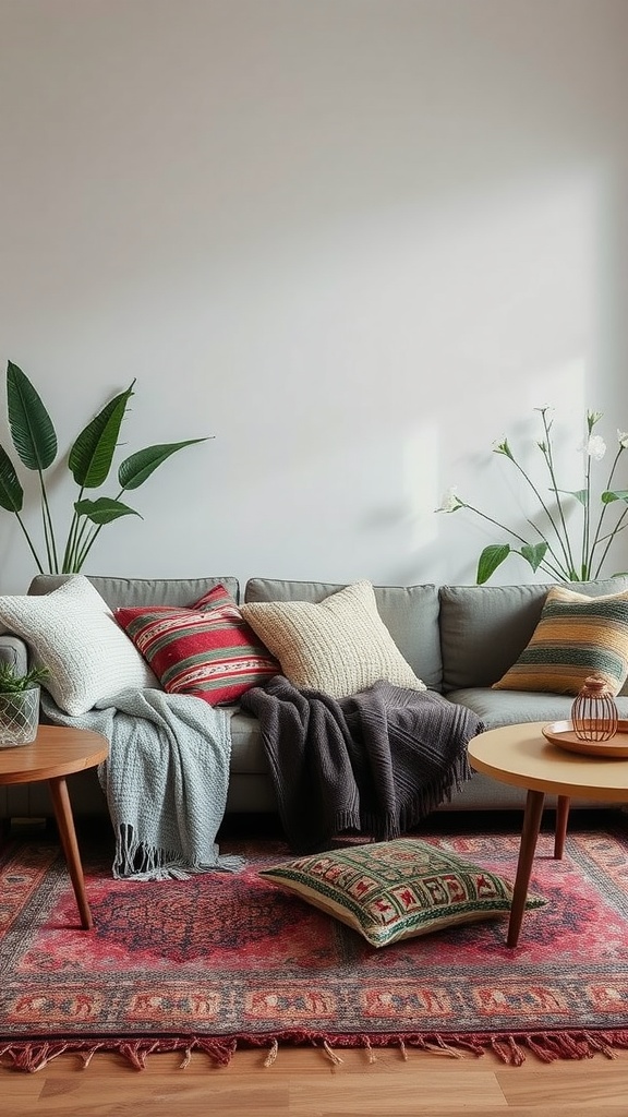 Cozy living room with layered textiles, featuring a couch with pillows and throws, and a colorful area rug.