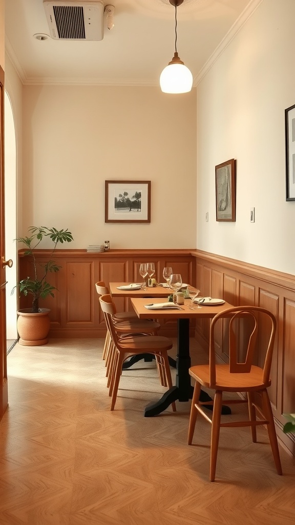 Cozy dining area with creamy beige walls, wooden accents, and a small potted plant.