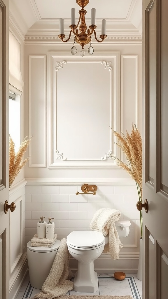 A small bathroom featuring creamy ivory walls, a chandelier, and elegant decor.