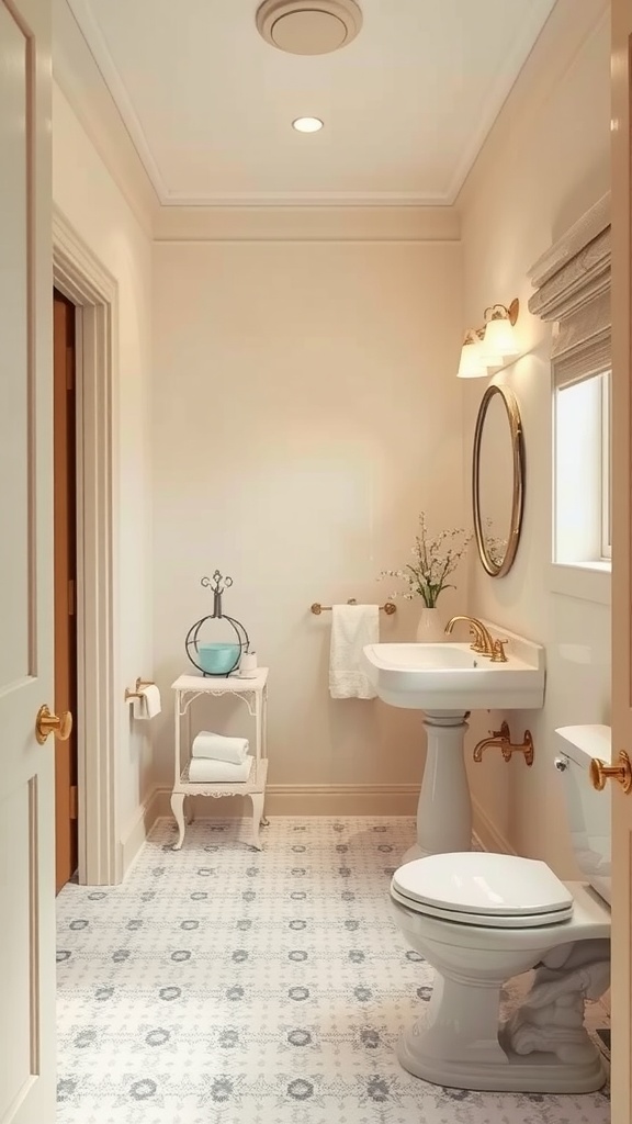 A small bathroom painted in creamy ivory, featuring elegant fixtures and soft decor.