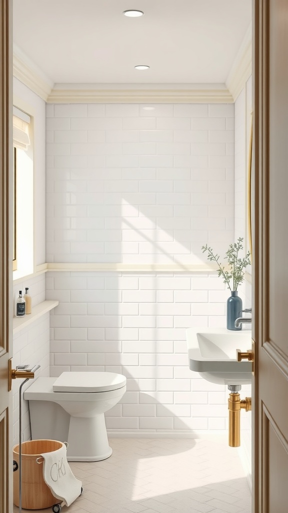 Small bathroom with creamy white tiles and fixtures, featuring natural light and simple design.