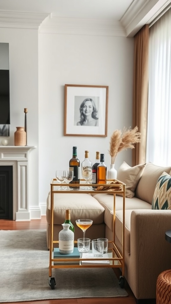 Stylish bar cart with various liquor bottles and glasses next to a sofa in a bright living room