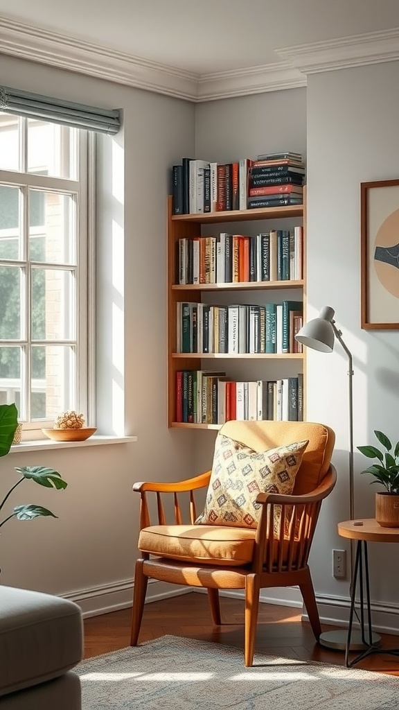 A cozy reading nook featuring a wooden chair, bookshelf filled with books, lamp, and plants by a window.