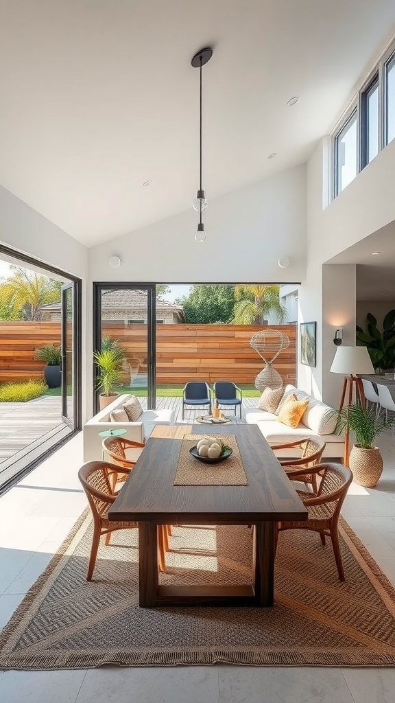 A bright and airy semi-outdoor living and dining space with large glass doors, wooden dining table, and plants.