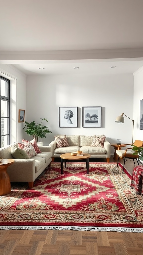 A cozy living room featuring a red and cream patterned rug under a coffee table, surrounded by a sofa and chairs.