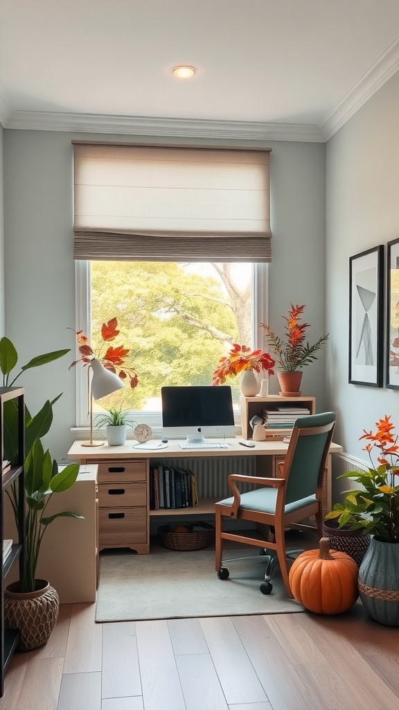 A cozy fall home office featuring a wooden desk, vibrant autumn leaves, plants, a pumpkin, and soft colors.