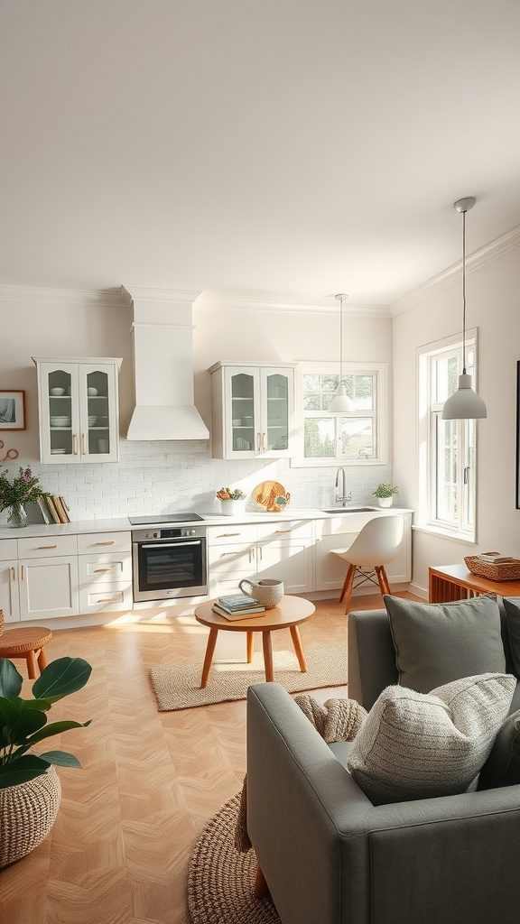 A bright and airy U-shaped kitchen with a cozy living area, showcasing a seamless flow between spaces.