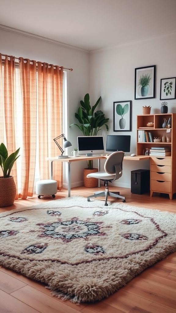 Cozy home office featuring a plush rug, desk, and plants.