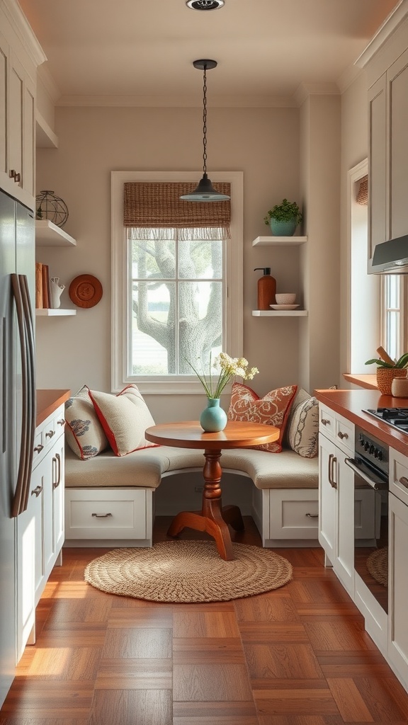 A cozy breakfast nook with a built-in bench, round table, and natural light in a U-shaped kitchen.