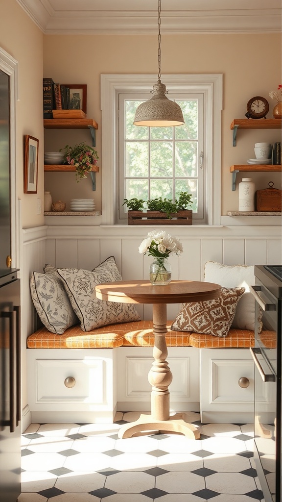 Small kitchen nook with built-in seating and a table, featuring natural light and decorative shelves.