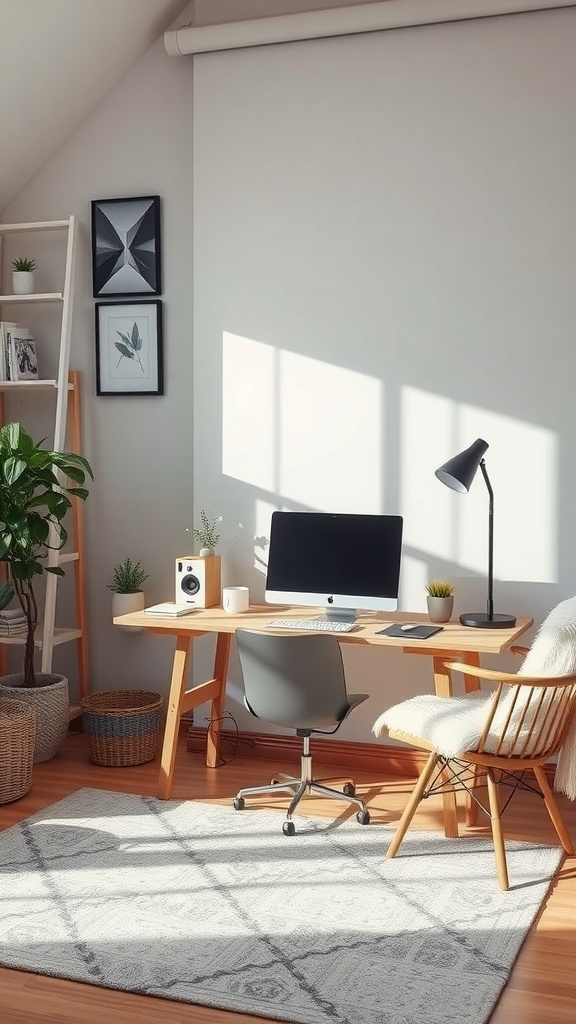 A cozy fall home office featuring a desk, a computer, and plants, bathed in warm light.