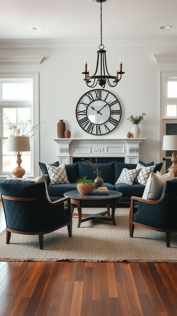 Cozy farmhouse living room featuring a large wall clock above a white mantel, dark blue sofa, and warm wooden floors.