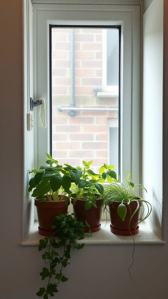 A small kitchen window sill with three pots of herbs, showcasing green plants thriving in sunlight.