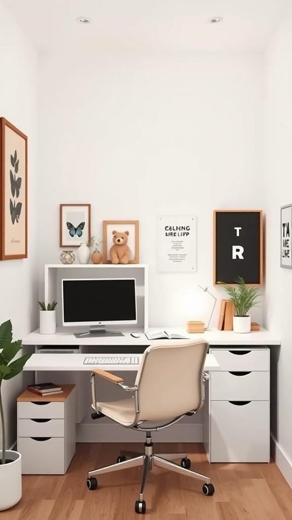 A minimalist home office with a white desk, computer, and framed art on the walls.