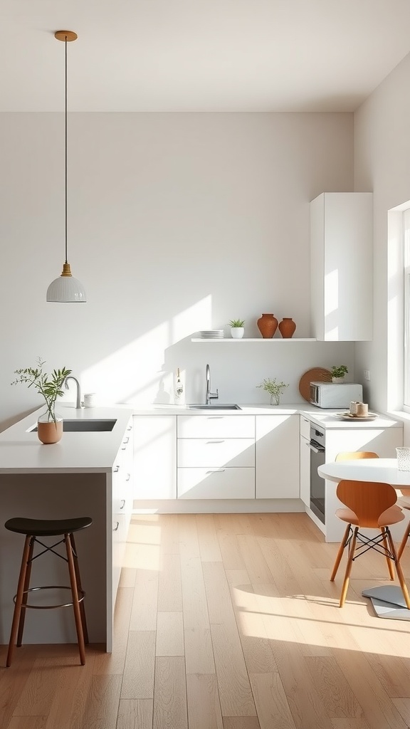 A minimalist U-shaped kitchen with white cabinets, wooden floor, and simple decor