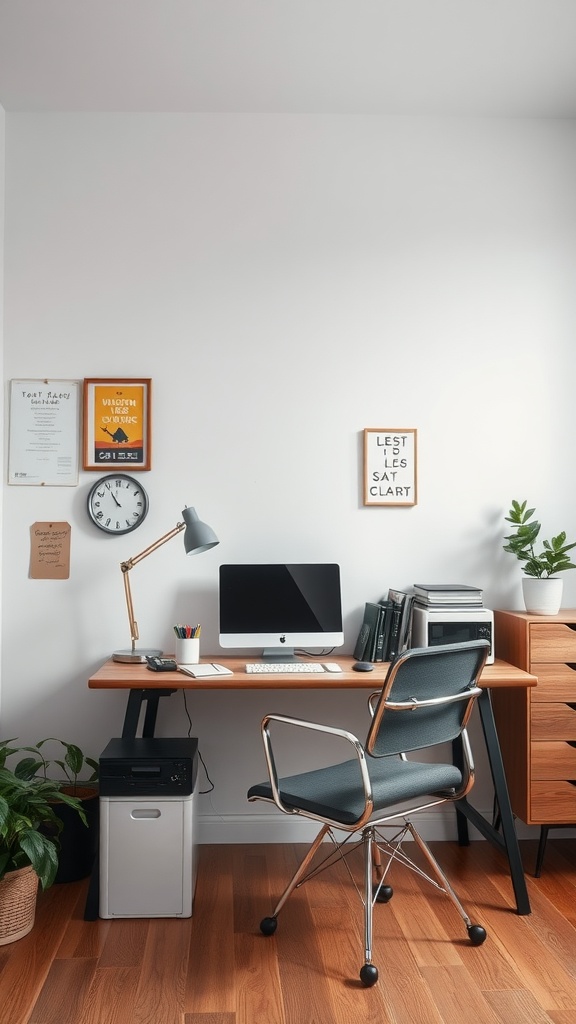 A cozy home office setup featuring a wooden desk, a comfortable chair, and motivational wall art.