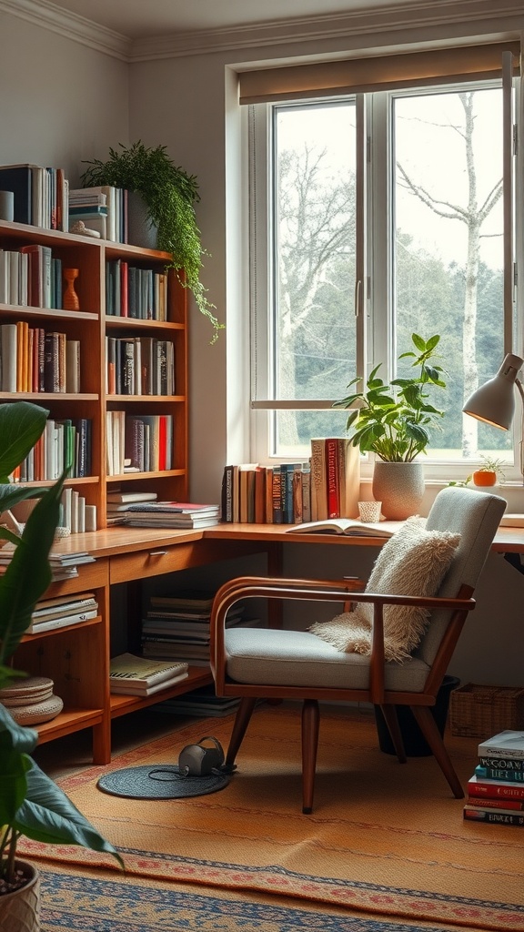 A cozy reading nook with a wooden bookshelf, a comfortable chair, and plants, illuminated by natural light.