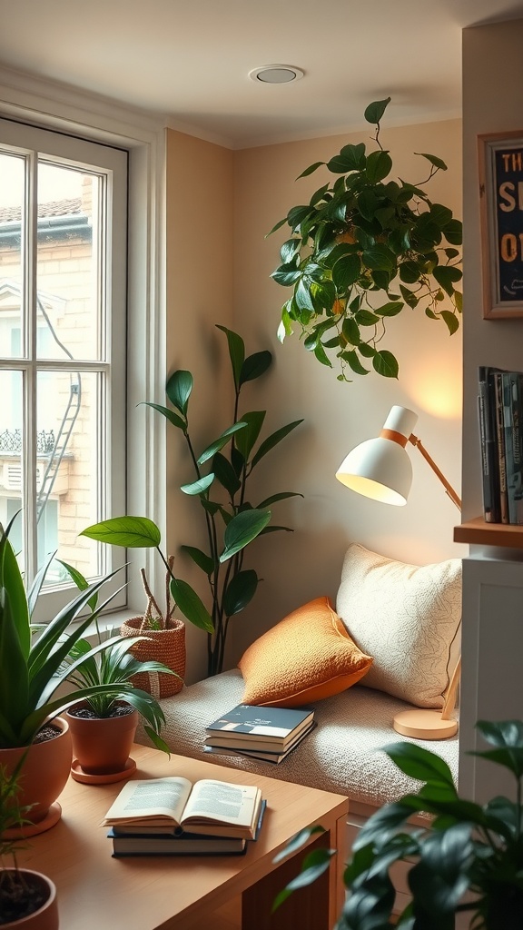 Cozy reading nook with plants and soft cushions.