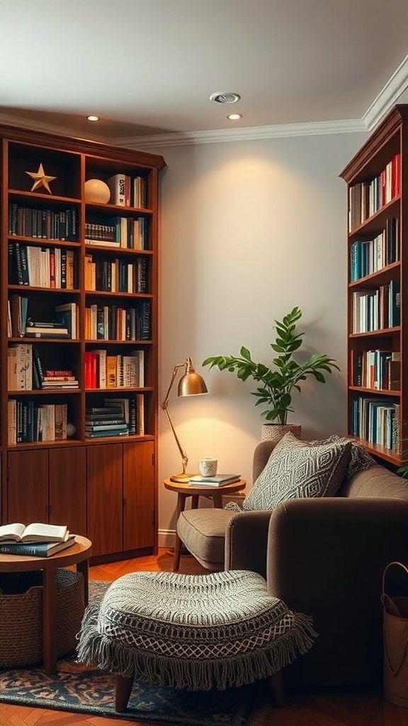 Cozy reading nook with a brown couch, bookshelf, plant, and warm lighting.