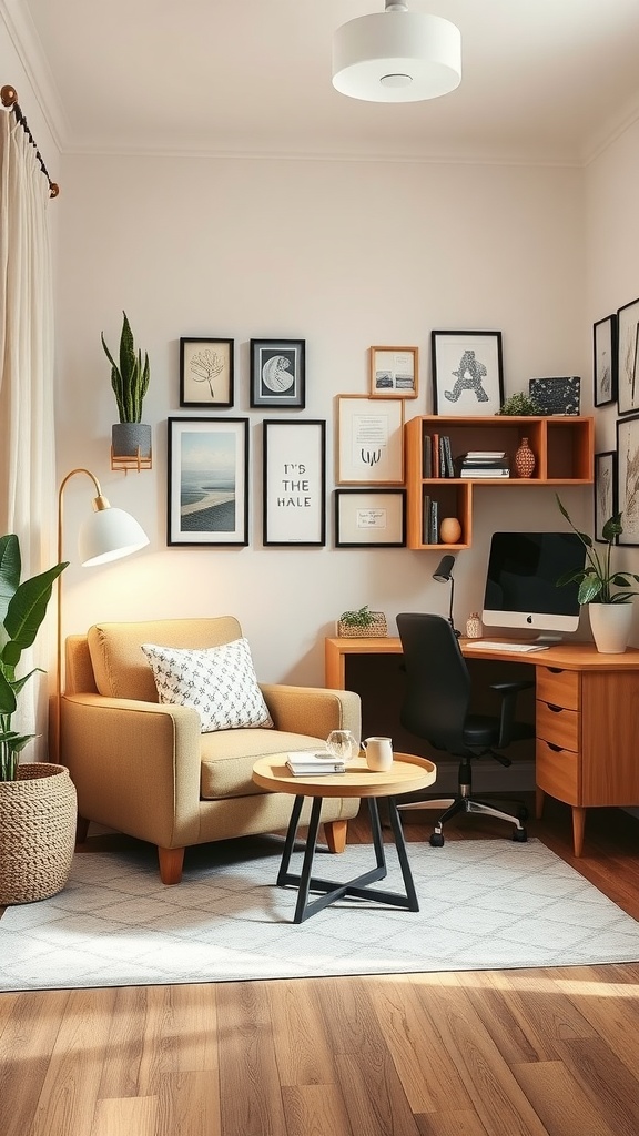 A cozy break area in a home office featuring a yellow chair, a coffee table, and framed artwork on the wall.