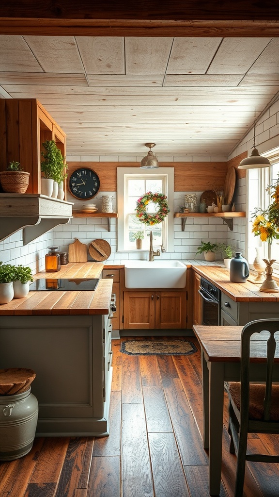 Rustic farmhouse U-shaped kitchen with wooden cabinets, plants, and farmhouse sink.