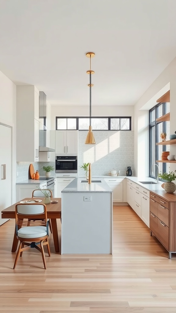 A modern U-shaped kitchen with a dining area.