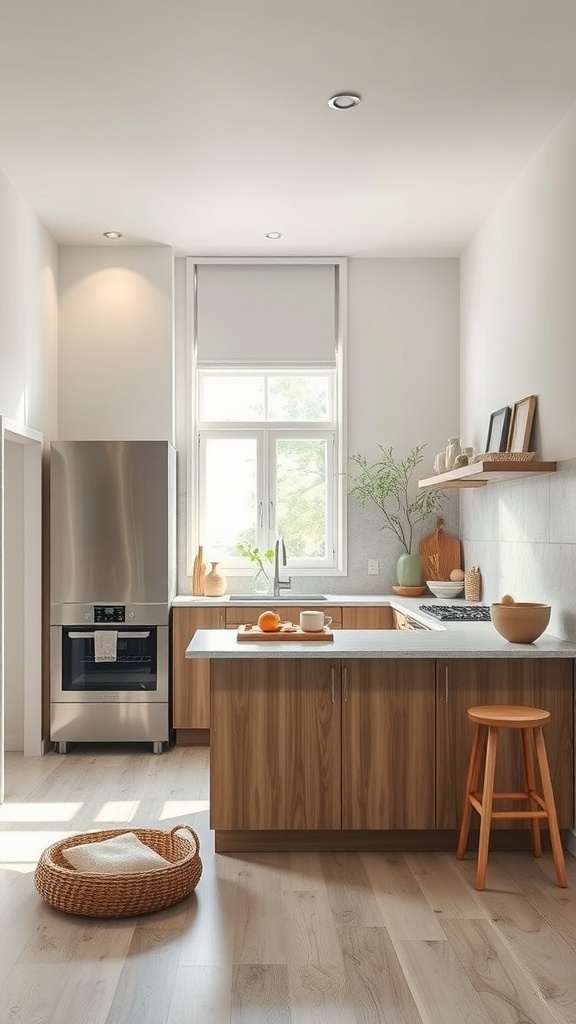 A modern U-shaped kitchen with wooden cabinets, a large window, and minimal decor, creating a spa-like atmosphere.