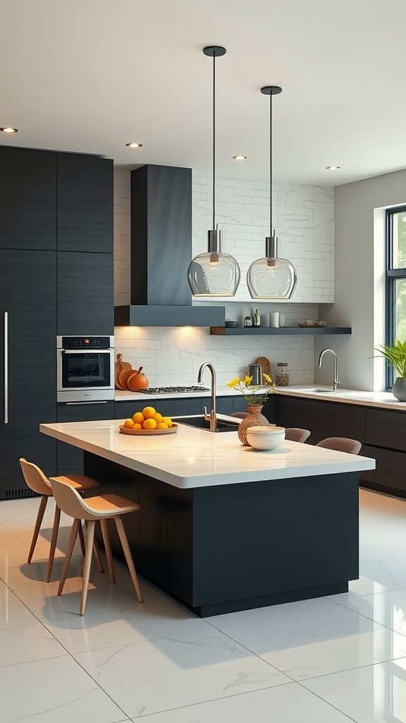 A modern U-shaped kitchen featuring a dark island with a light countertop, pendant lights, and decorative items.