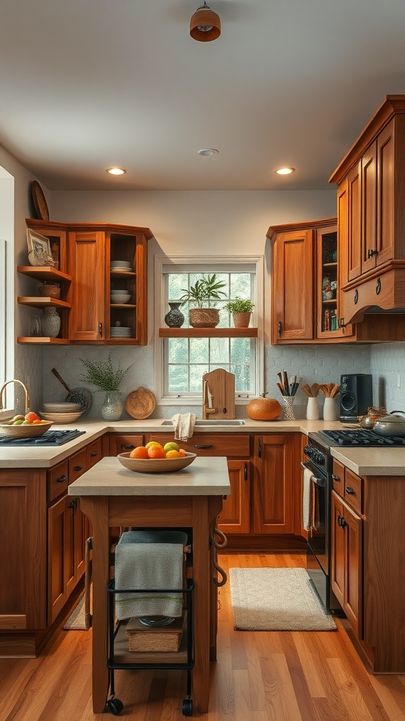 A warm and inviting U-shaped kitchen featuring wooden cabinets, light countertops, and natural decor