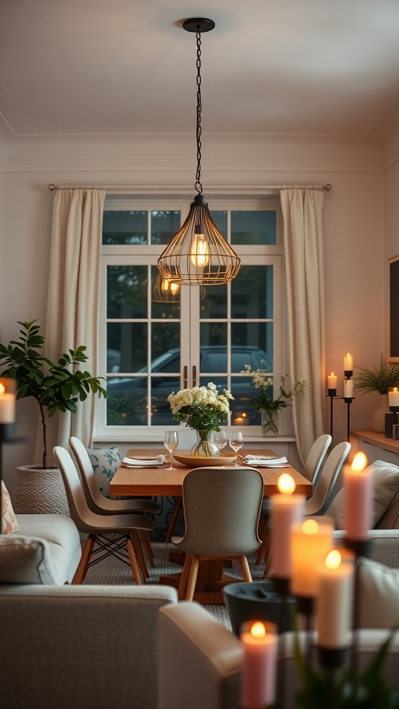 An inviting small living dining area with warm lighting and a wooden dining table.