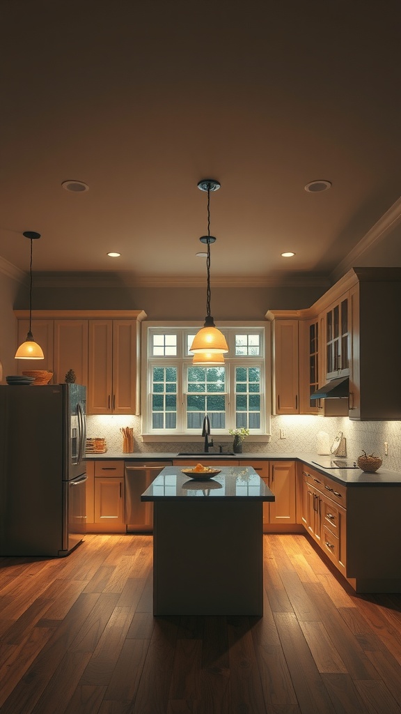 A cozy U-shaped kitchen with warm pendant lights and under-cabinet lighting highlighting the countertops.