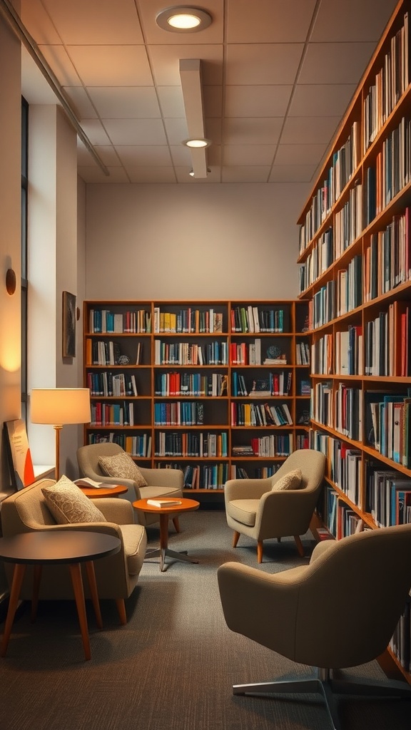 A cozy reading nook in a library with comfortable chairs and bookshelves