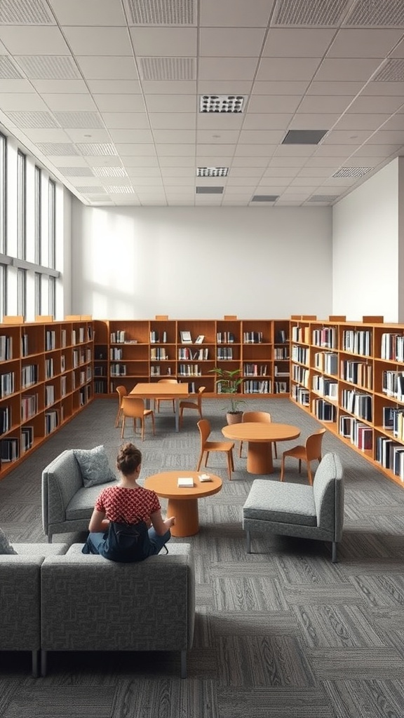 A modern library interior featuring seating areas, large windows, and bookshelves.