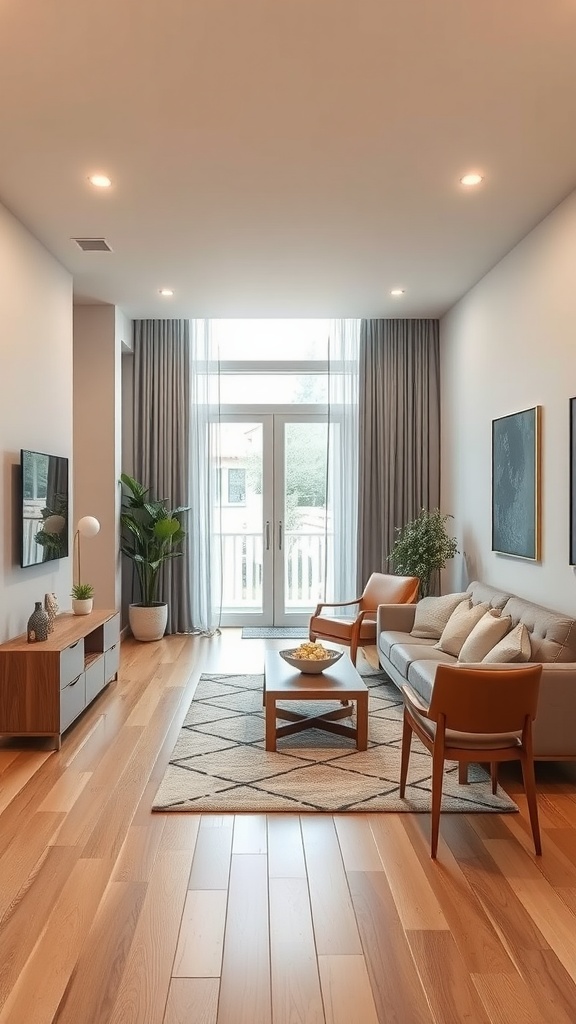 A cozy living room with a sofa, chairs, coffee table, and large windows.