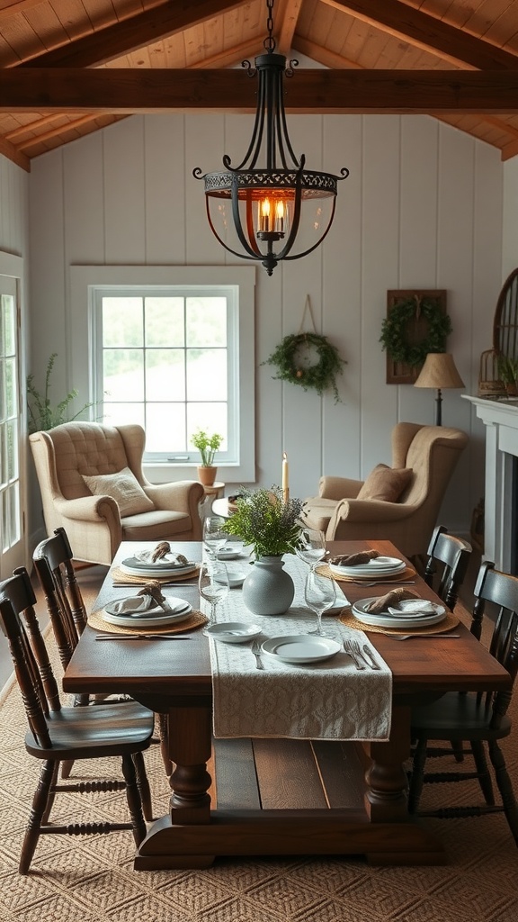 Cozy farmhouse dining table arrangement with greenery and elegant dishware