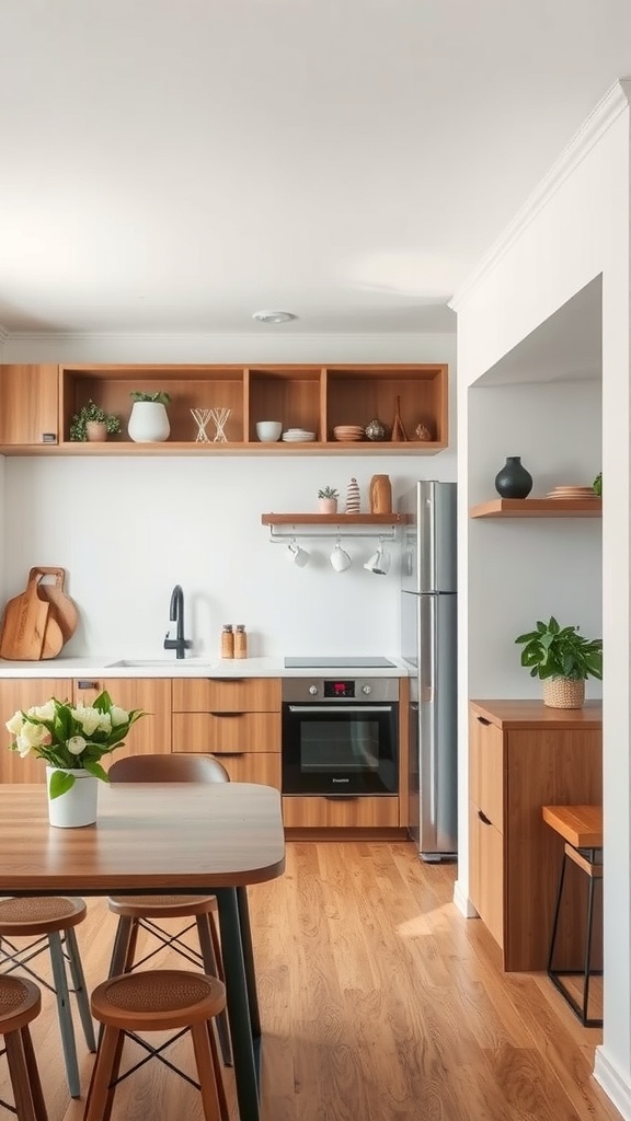 A modern small kitchen with light wood cabinetry, open shelves, and a dining table, creating an open and airy atmosphere.