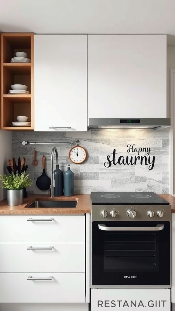 A small kitchen featuring a stylish backsplash and modern appliances.